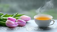 Fresh pink tulips beside steaming cup of hot tea on white lace doily against blurred background, creating cozy spring morning atmosphere.
