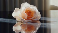 Delicate peach and white rose bloom reflected on dark glossy surface, creating mirror effect with soft natural lighting and gentle shadows in minimalist setting.