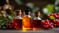 Small glass bottles with essential oils and fresh red berries on wooden surface, natural aromatherapy and herbal medicine concept in warm lighting.