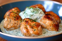Pan-seared sea scallops in creamy dill sauce served on blue ceramic plate, garnished with fresh herbs and black pepper, close-up view of gourmet seafood dish.