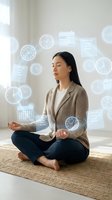 Asian woman in business casual attire meditating on floor with holographic clocks and calendar icons floating around her, representing time management and work-life balance for corporate wellness.