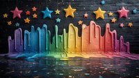 Colorful melting rainbow paint drips on black brick wall with vibrant stars floating above, creating magical urban street art atmosphere. Reflective puddles add depth.