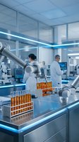 Robotic arm handling test tubes with orange liquid in modern laboratory with scientists working in background for pharmaceutical research and automation.
