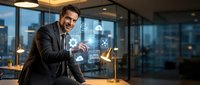 Professional businessman interacting with holographic digital interface displaying cloud computing icons in modern office environment at evening.