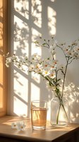 White daisies in glass vase and water glass on windowsill with dramatic window shadow patterns and warm sunlight creating cozy morning atmosphere.