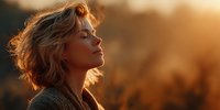Middle-aged Caucasian woman with curly blonde hair in profile enjoying warm golden sunset light, peaceful moment of mindfulness and serenity in nature.