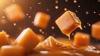 Floating caramel candy cubes with dripping liquid caramel sauce and golden bokeh lights on dark background, macro food photography for dessert advertising.