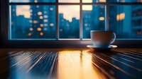 Steaming coffee cup on wooden table near window with blurred city lights bokeh background creating cozy evening atmosphere with warm golden reflections.