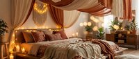 Luxurious bedroom with draped fabric canopy, warm golden lighting, decorative pillows, and potted plants creating an elegant, romantic sleeping space.