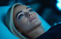 Young blonde woman with long eyelashes lying down in dramatic blue lighting, face illuminated from side, expressing serenity and contemplation in atmospheric setting.