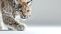 Lynx wild cat with spotted fur and tufted ears stalking forward against neutral background, suitable for wildlife and nature projects.