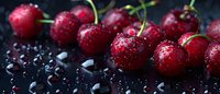 Fresh ripe cherries with water drops on dark background. Macro shot of wet red sweet cherries with stems in moody lighting for food photography.