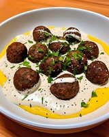Falafel balls served on creamy tahini sauce with fresh herbs and yellow hummus in white bowl on wooden table. Middle Eastern cuisine.