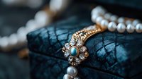 Elegant vintage brooch with turquoise stone and diamonds on pearl necklace against dark velvet background, macro jewelry photography for luxury retail.