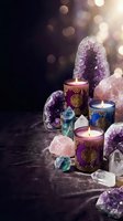 Luxury candles with amethyst geode, rose quartz and healing crystals create mystical spa atmosphere with golden bokeh lights for meditation and wellness.