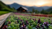 Purple basil plants growing in rows at organic farm with mountain landscape and rustic cabin during golden sunset, selective focus on aromatic herbs in foreground.