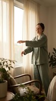 Woman in sage green linen pajamas stretching by sunlit window with sheer curtains in modern bedroom. Morning wellness and relaxation lifestyle.