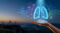 Digital healthcare concept with glowing lung hologram floating above open palm against city skyline at dusk for medical technology presentations.