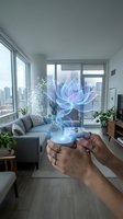 Hands holding smartphone projecting holographic lotus flower in modern apartment living room with city view and contemporary furniture.