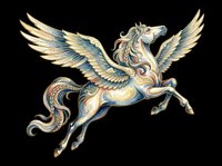 Winged mythical horse with ornate gold and blue detailing, isolated on transparent background. Ready for t-shirt design, clipart, stickers, sublimation, and print-on-demand projects.