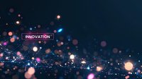 Futuristic technology concept with glowing particles and innovation text against dark background, abstract digital network visualization for business presentations.