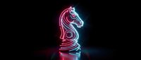Glowing neon chess knight piece with pink and blue light effects on dark background for gaming and strategy concepts.