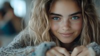 Young woman with bright blue eyes and blonde wavy hair wearing cozy gray knit sweater smiles warmly at camera in soft natural lighting, creating intimate portrait atmosphere.