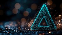 Glowing blue triangle shape formed by luminous particles with sparkling light effects and bokeh on dark background. Modern tech concept for presentations.