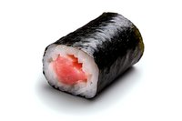 Fresh tuna roll with nori seaweed wrap and white rice on white background, traditional Japanese cuisine photographed in studio lighting with soft shadow.