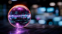 Crystal ball reflecting neon city lights with purple and blue glow on dark background, creating magical atmosphere for fortune telling and mystical concepts.