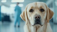 Close up portrait of yellow Labrador Retriever dog with gentle expression against blurred medical office background, focus on soulful eyes and nose.