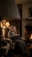 Senior woman with gray hair and glasses, Caucasian ethnicity, relaxing in upholstered armchair while knitting by fireplace in cozy living room with warm lighting and bookshelves.