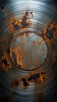 Corroded metal surface with circular grooves and rust stains, showing industrial decay and weathered texture suitable for grunge backgrounds and industrial design projects.