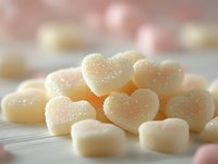 Heart-shaped sugar candies with sparkling coating on white surface, surrounded by soft-focused sweets. Suitable for confectionery, dessert, and Valentine's Day designs.