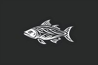 White line art of swimming tuna fish with detailed fin patterns and tribal style markings on dark background, suitable for logo design and branding projects.