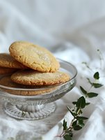 Fresh baked sugar cookies on vintage glass cake stand with delicate green foliage and white linen backdrop, creating elegant food photography composition.