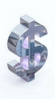 Dollar sign symbol in metallic silver and translucent purple glass with reflective surfaces on white background, isolated for financial, business, and commerce design projects.
