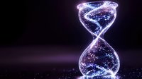 Glowing hourglass with swirling cosmic particles and stardust on dark background. Time concept with magical light effects and sparkling energy flow.