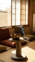 Serene Japanese tea ceremony setup with steaming bowl on wooden table, tatami mats, traditional shoji screen windows filtering warm sunlight in zen interior.
