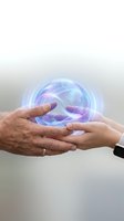 Cupped hands protecting glowing energy sphere with electric lightning effects representing innovation, technology protection and digital transformation concepts.