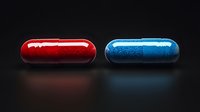 Two glossy pharmaceutical capsules in red and blue colors on dark surface representing medical treatment and healthcare choices.