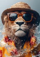 Lion wearing sunglasses and straw hat splashing in water with tropical fruits, creating dynamic summer mood with water droplets and vibrant colors.