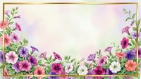 Watercolor petunia flowers border with gold frame on soft pastel background, copy space for text, greeting card or invitation design.