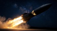 Rocket launching into starry night sky with bright flames and smoke trail against cosmic background with Milky Way galaxy visible in deep space atmosphere.
