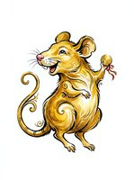 Cheerful golden mouse character with ornate swirling details, isolated on white background, ready for children's book illustrations, greeting cards, and merchandise design projects.