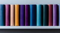 Colorful leather-bound books arranged in row on white shelf, showing only spines in vibrant shades of purple, orange, blue and burgundy creating minimalist composition.