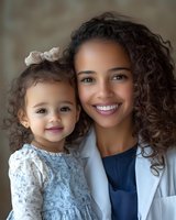 Young African American woman with curly hair embracing toddler daughter with similar features, both smiling warmly against soft-focus background.
