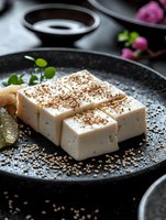 Fresh tofu cubes sprinkled with sesame seeds and spices on black ceramic plate, garnished with microgreens and pickled vegetables, moody food photography.
