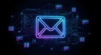 Digital email marketing concept with glowing neon envelope icon surrounded by communication symbols and circuit board elements on dark background.
