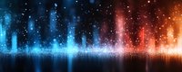 Glowing audio wave spectrum visualization in blue and orange colors with sparkles and light effects on dark background, music equalizer pattern.